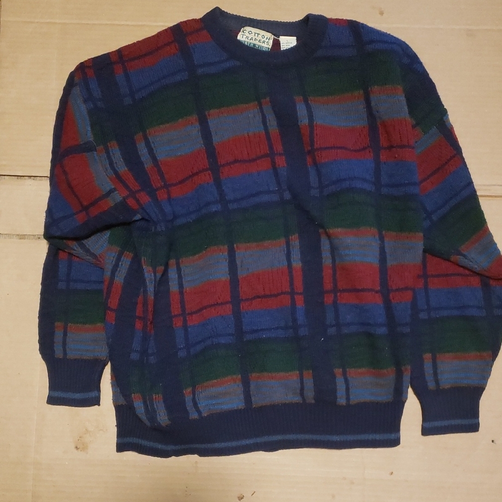 Cotton Traders Men's Plaid Crewneck Sweater - Red, Blue, Green